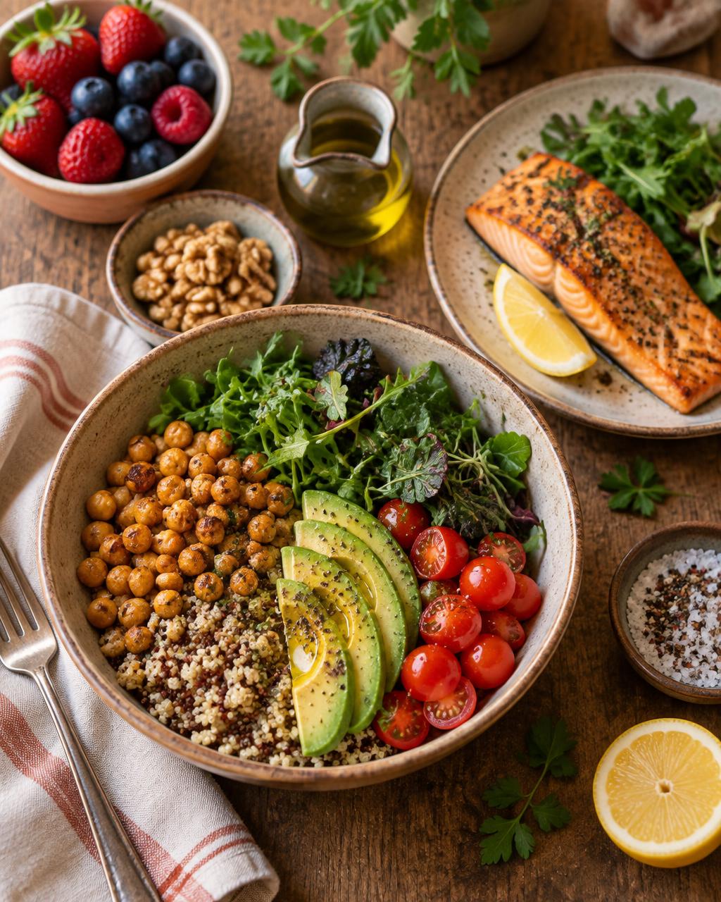 A warm, balanced spread of nourishing food — a grain bowl with roasted chickpeas and avocado, grilled salmon, fresh berries and walnuts